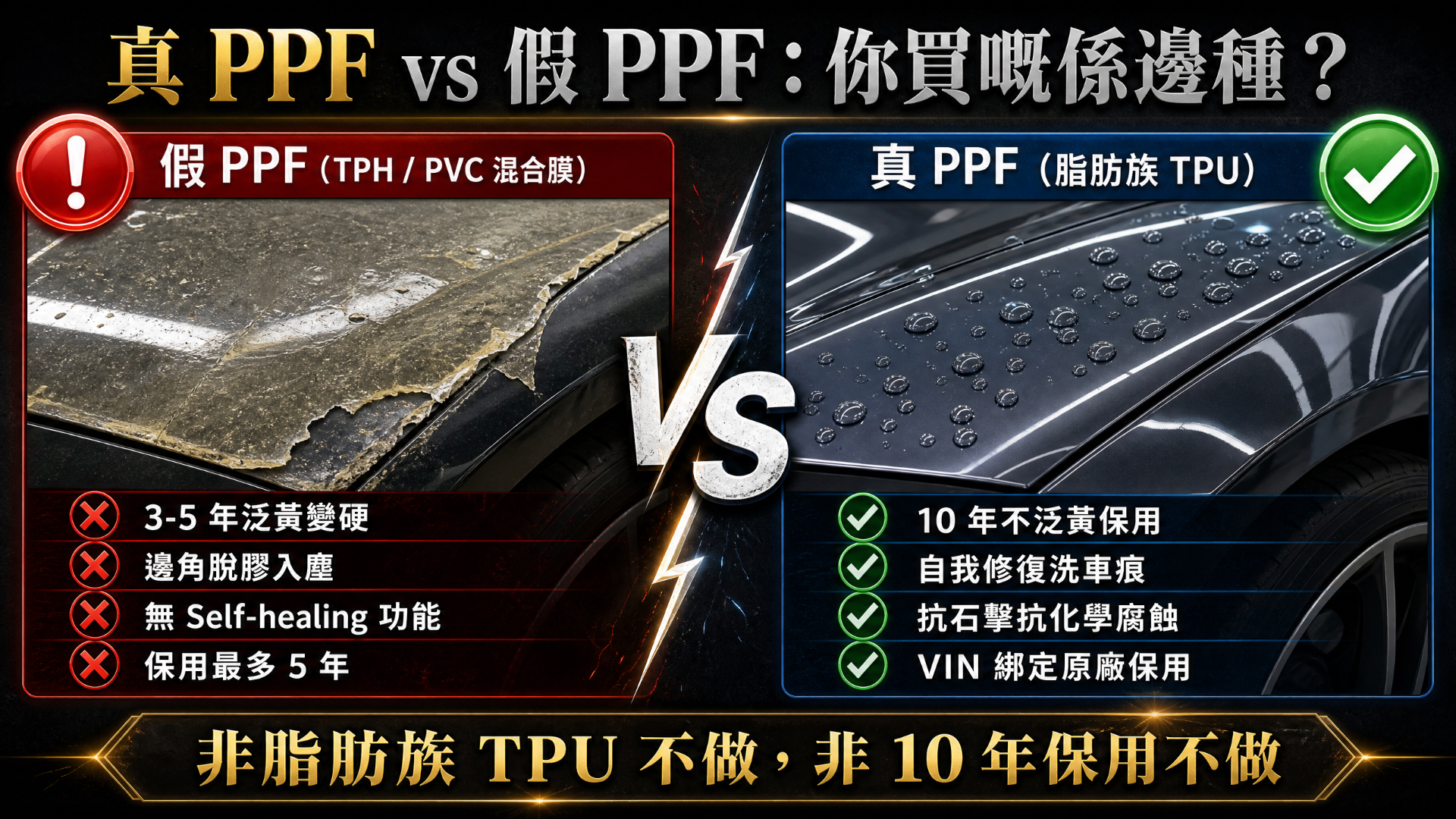 Side-by-side comparison: fake PPF (TPH / PVC hybrid film) yellowed, hardened and delaminating vs real PPF (aliphatic TPU) with self-healing water beading on a black hood