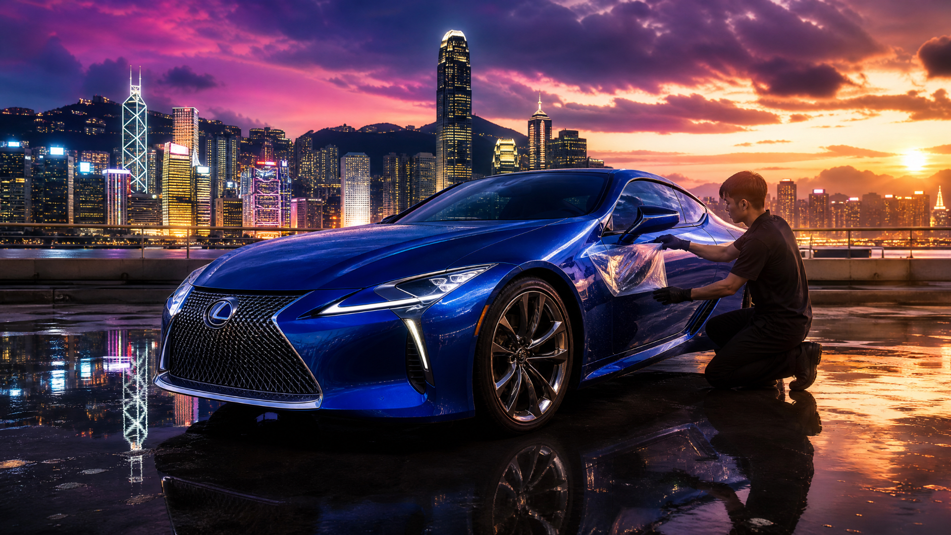 Lexus LC500 in Structural Blue receiving full-car aliphatic TPU PPF at LETS GET WRAP Hong Kong with Victoria Harbour skyline at dusk