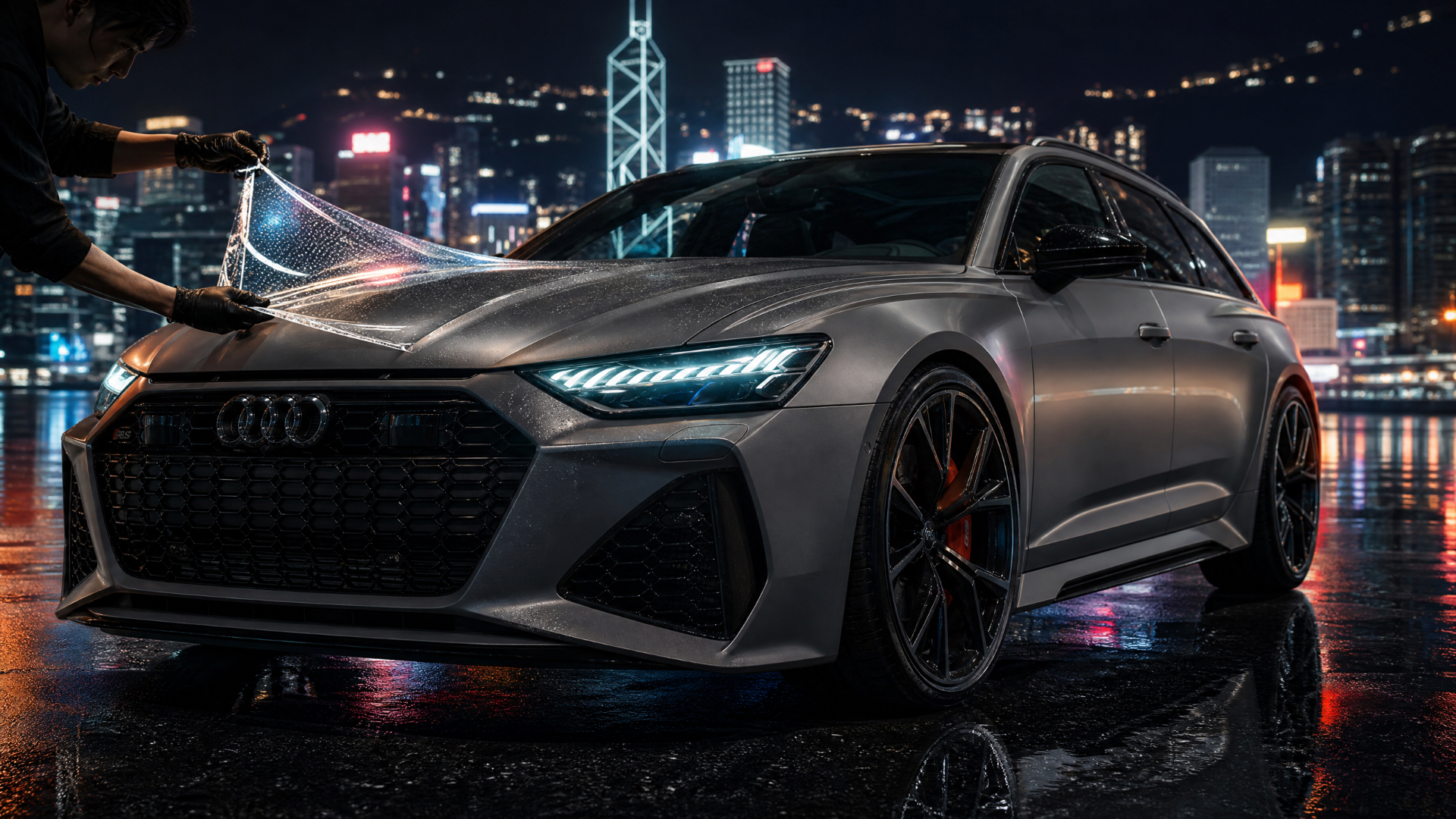 PPF installer wrapping an Audi RS6 Avant in Nardo Grey with Hong Kong Victoria Harbour skyline behind — LETS GET WRAP GSWF Tier 1 studio