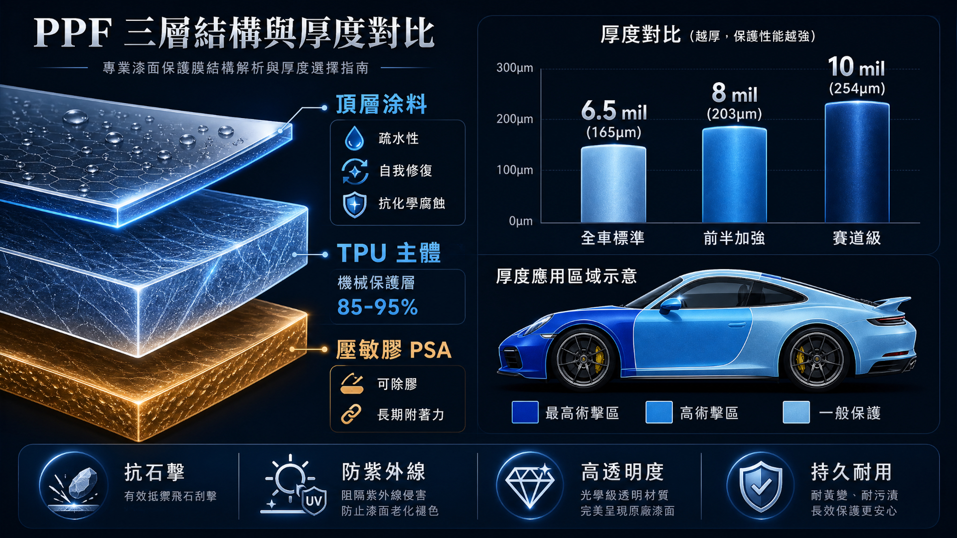 PPF three-layer structure (topcoat + TPU bulk + PSA) and 7.5 mil / 8 mil / 8.5 mil thickness comparison