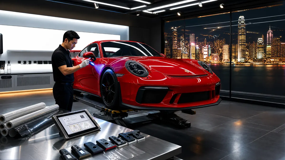 Certified Hong Kong PPF technician inspecting a red Porsche 911 with an inspection light inside a dust-controlled studio overlooking the Victoria Harbour skyline
