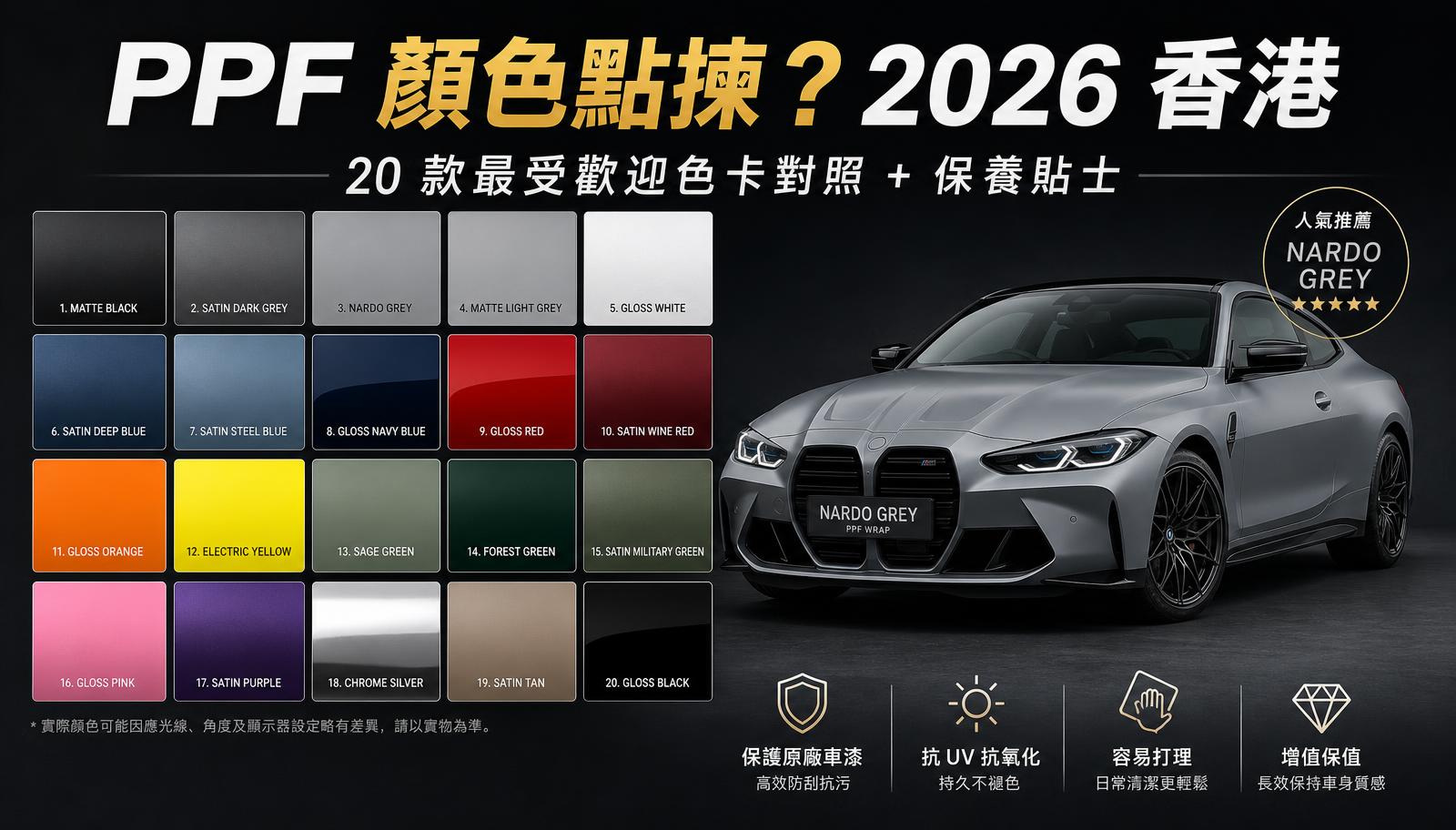 PPF 顏色點揀 2026 香港:20 款最受歡迎啞光 / 光面 / satin 色卡對照,配 BMW M4 Nardo Grey 45 度前視實車展示