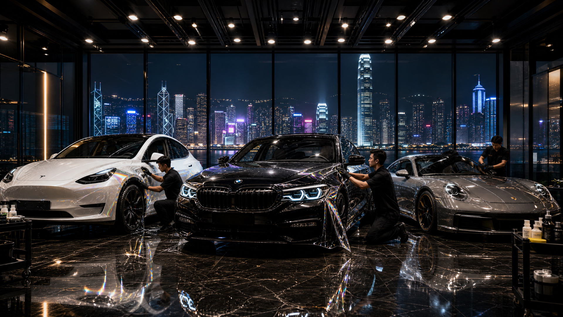 Three PPF installers wrapping a Tesla Model Y, BMW 5 Series and Porsche 911 inside a Hong Kong studio with Victoria Harbour skyline at night — LETS GET WRAP 2026 full-car PPF buyer's guide