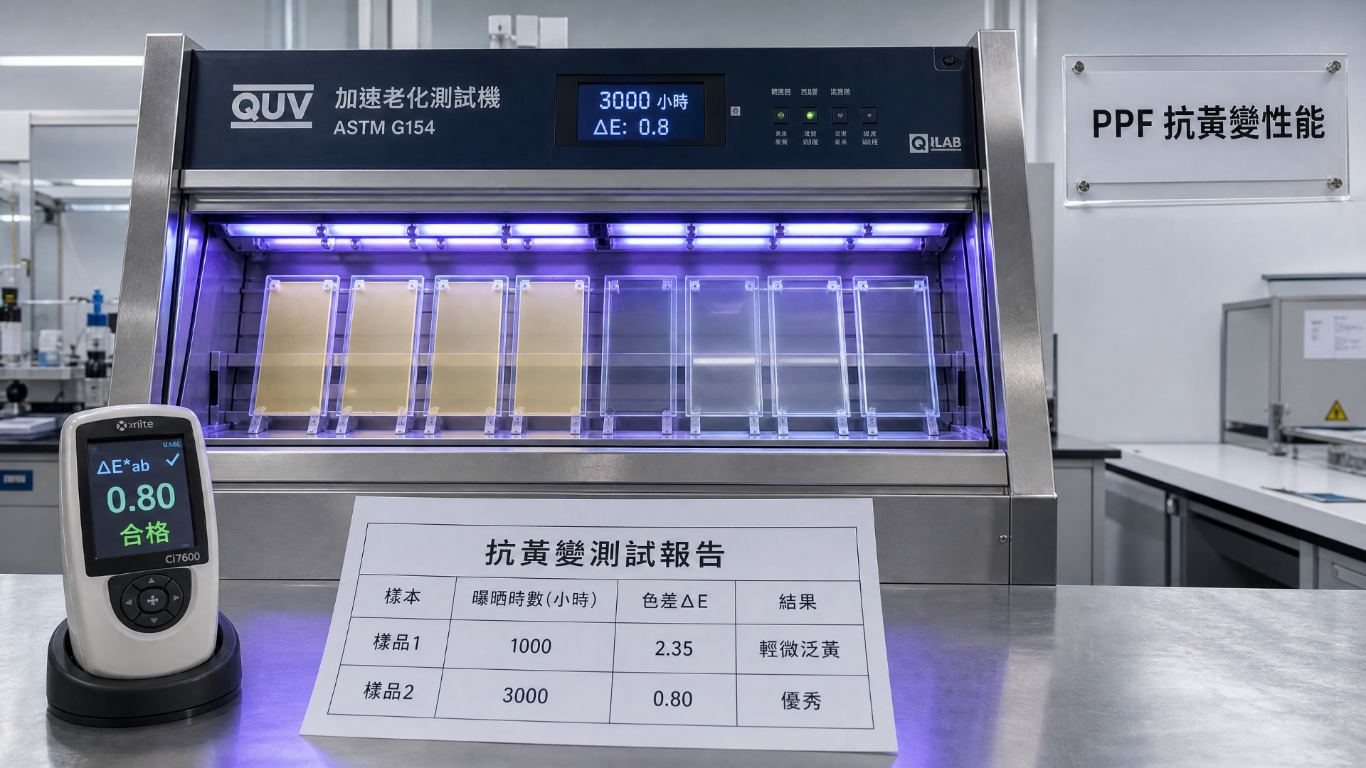 PPF 3000-hour QUV accelerated weathering test rig (ASTM G154) with ΔE 0.80 pass report