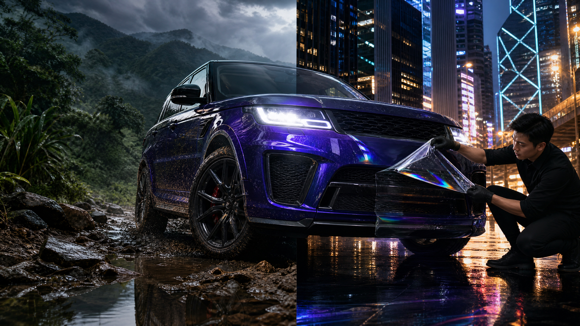 Range Rover Sport SVR PPF installation — off-road trail and Hong Kong night skyline dual scene, LETS GET WRAP GSWF Tier 1 certified