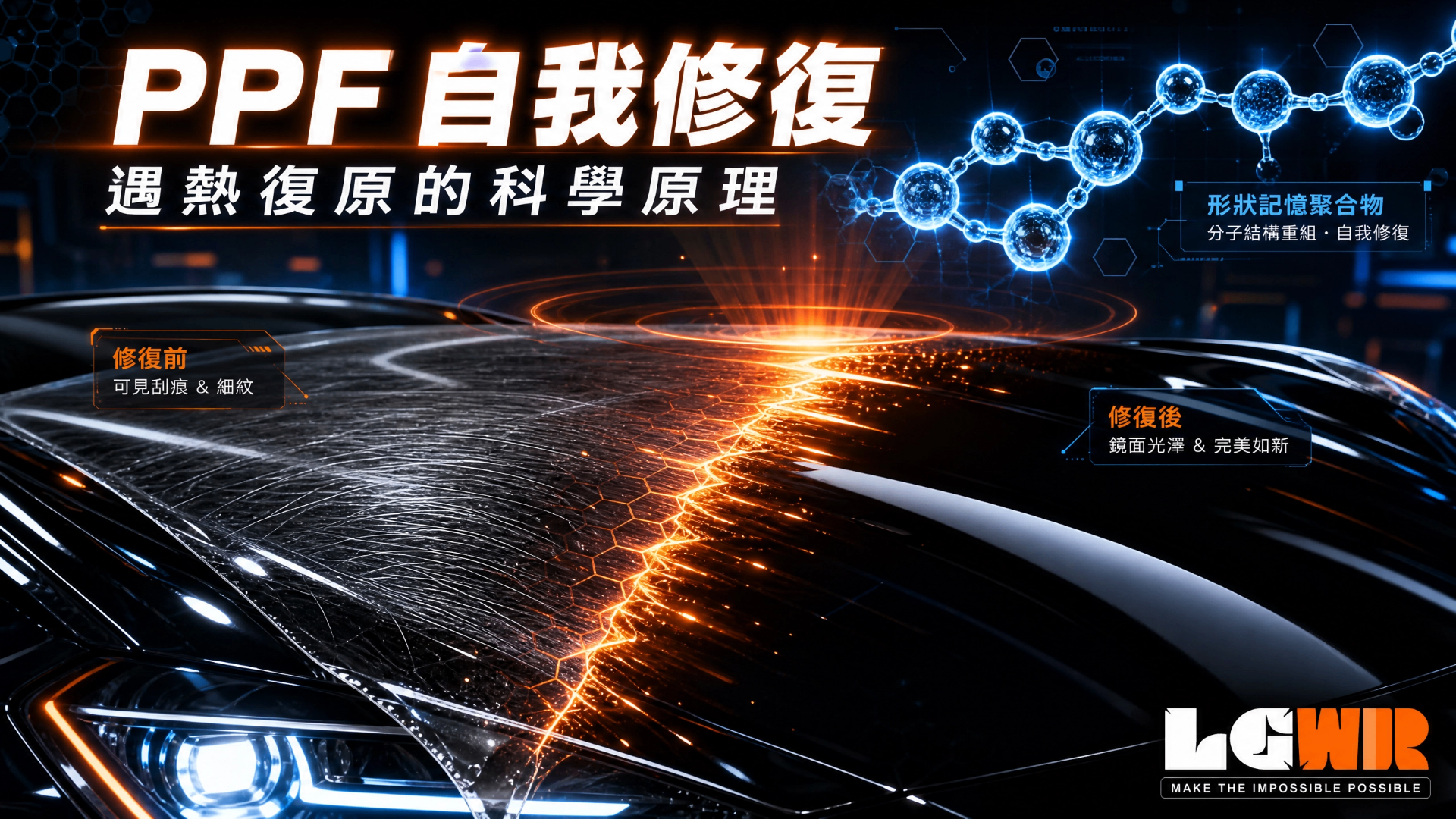 PPF self-healing on a black sedan bonnet with orange energy lines tracing scratches and shape-memory polymer molecular structure overlay