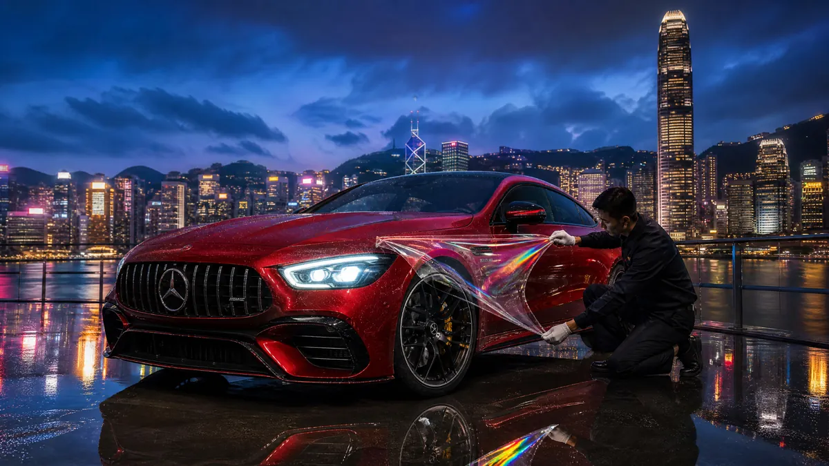 Mercedes-AMG GT 4-door Coupe in Cardinal Red Metallic completing full-car PPF installation with Victoria Harbour night skyline