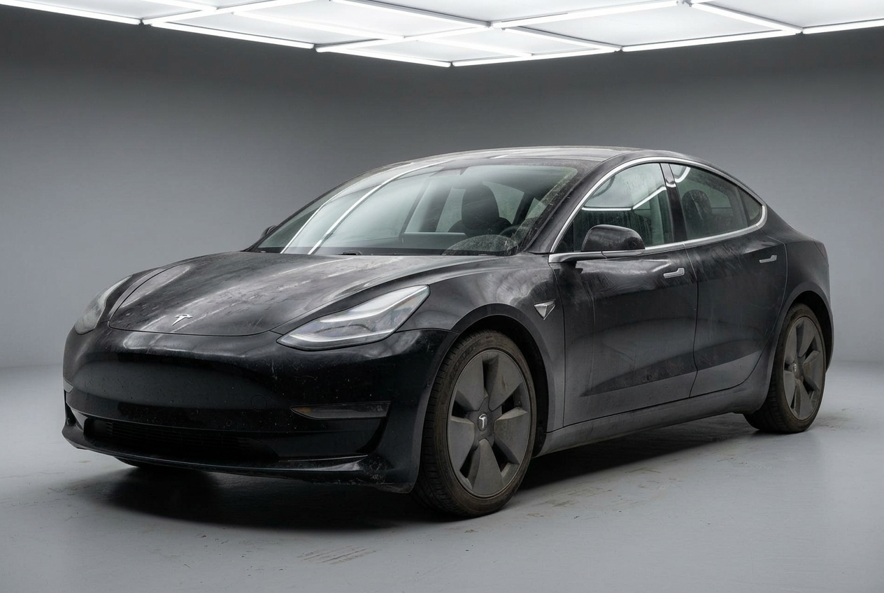 Black Tesla Model 3 without PPF under Studio lighting
