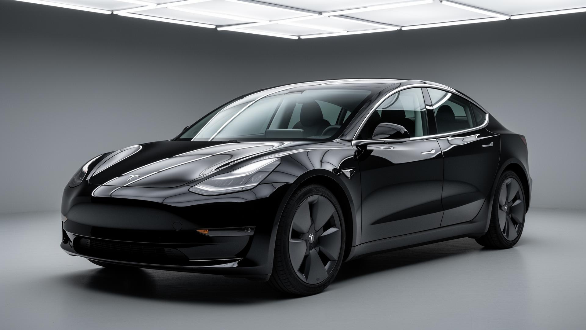 Black Tesla Model 3 finished with Clear Gloss PPF under Studio lighting